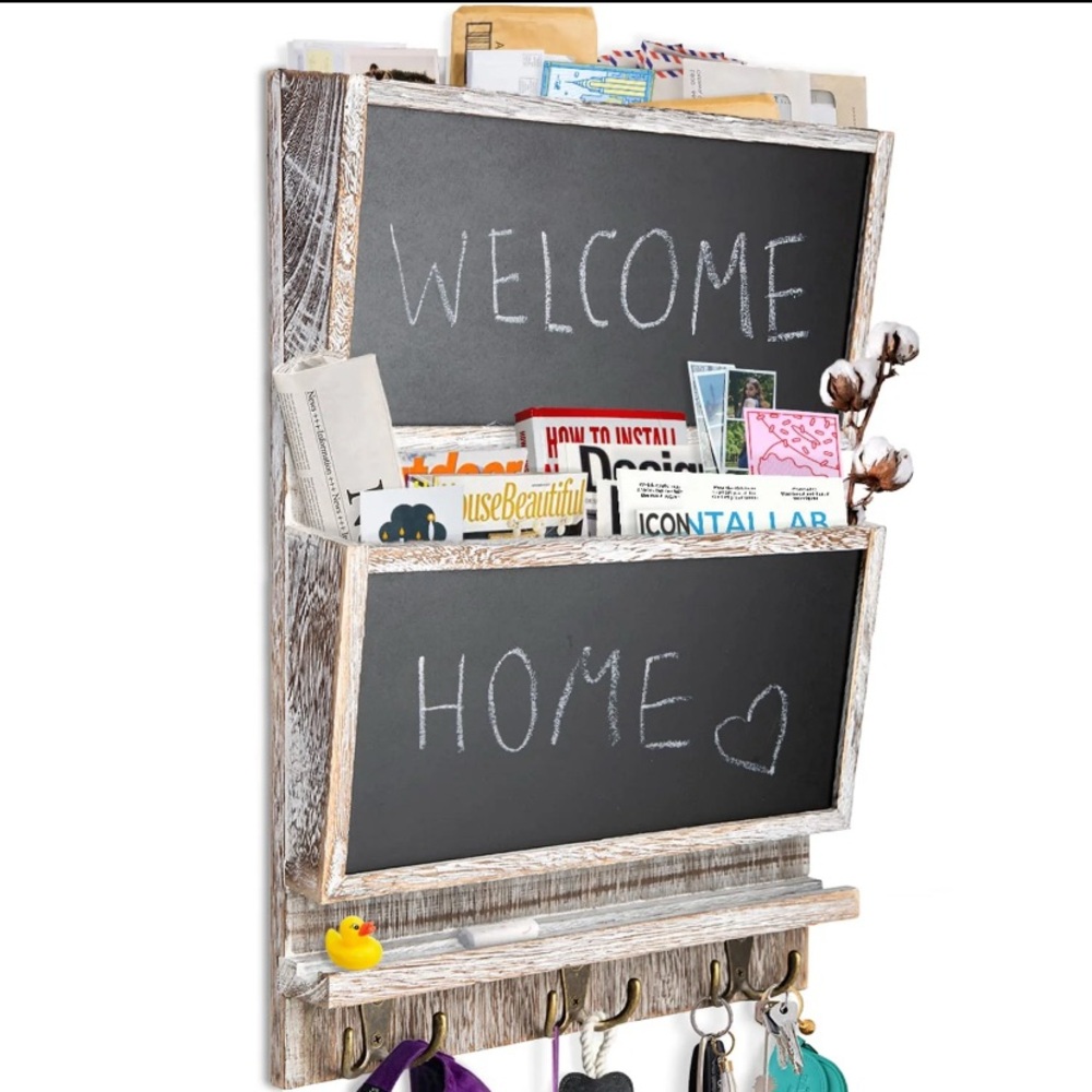 2-Slot Rustic Wood Wall Mounted Mail Sorter Organizer  with Chalkboard-Rustic WR